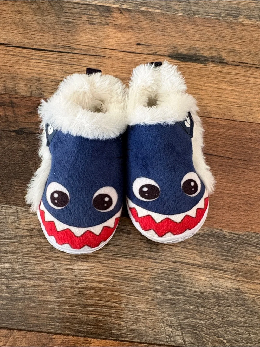 Blue Shark Plush Baby Slippers with White Faux Fur Trim